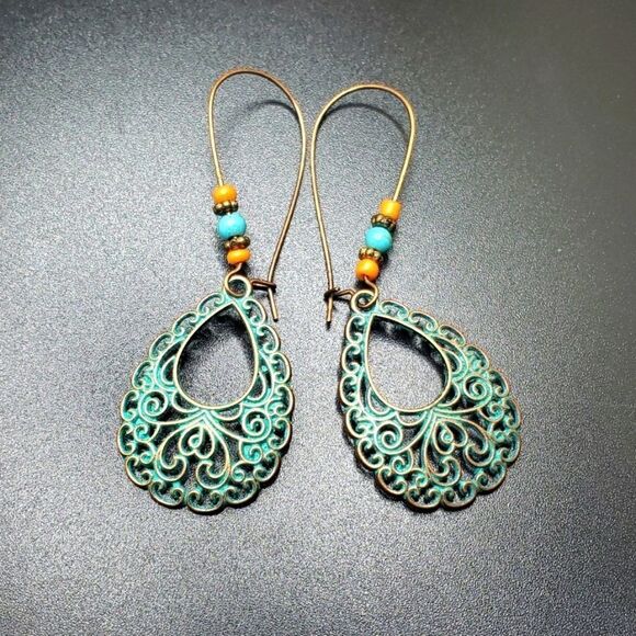 Bronze filigree earrings turquoise boho beaded drop wire design - Picture 1 of 3